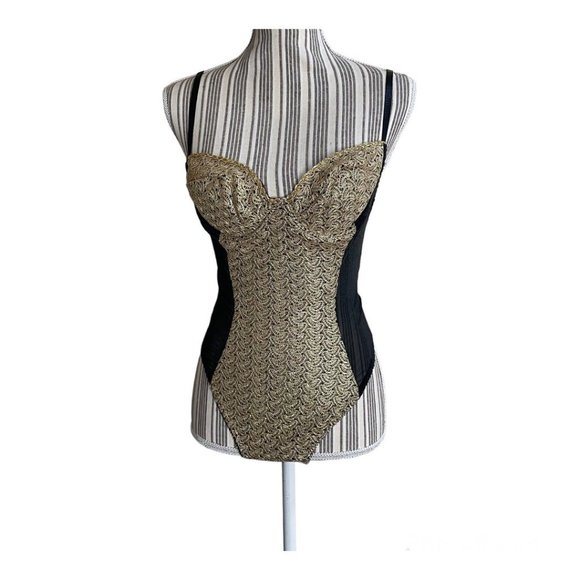 Vintage 90's Frederick's of Hollywood Gold Black Bodysuit USA Made Size M - Picture 2 of 12